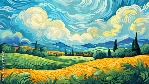 Hand drawn cartoon impressionist style beautiful autumn wheat field illustration
 photo