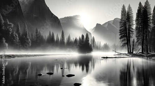 a black and white photo of a mountain lake with trees in the foreground and the sun in the background.