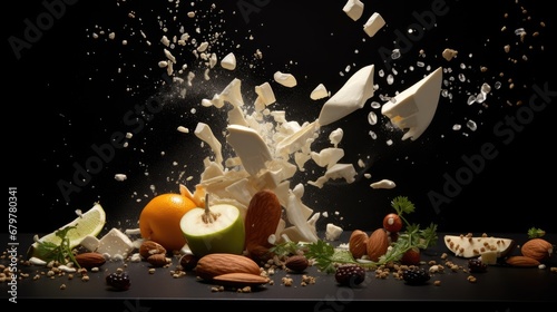  a pile of fruit and nuts falling into a pile of milk and milk splashing on top of each other.