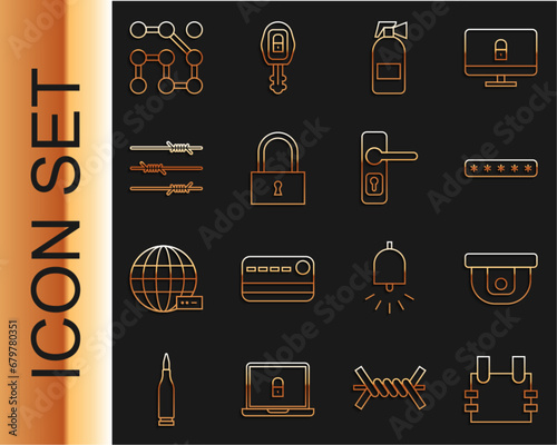 Set line Bulletproof vest, Motion sensor, Password protection, Fire extinguisher, Lock, Barbed wire, Graphic password and Door handle icon. Vector