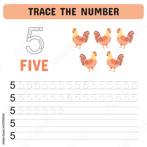  Tracing number  worksheet for kindergarten, preschool and Montessori kids for learning numbers and handwriting practice activities. Educational children game, printable worksheet. Vector illustration