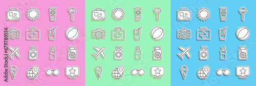 Set line Map pointer with star, Photo camera, Beach ball, Sunscreen cream tube, First aid kit, Suitcase and Cocktail and alcohol drink icon. Vector
