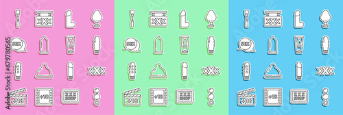 Set line Anal beads, Sex shop, Dildo vibrator, Condom, Speech bubble with, Leather whip and Personal lubricant icon. Vector