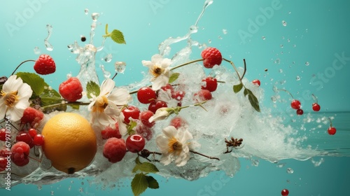  a bunch of fruit floating in the air with water splashing on it and flowers and berries on the side of the water.
