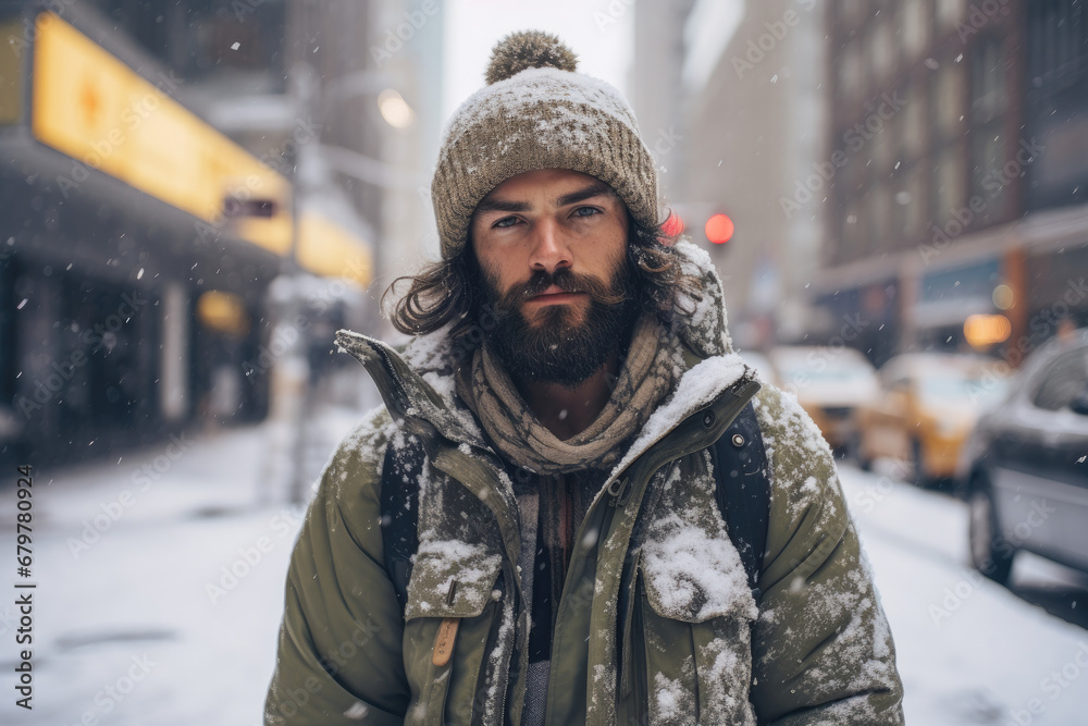 Man in urban winter attire against the backdrop of a city covered in snow Man in urban winter attire against the backdrop of a city covered in snow