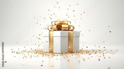  a white gift box with a gold bow and confetti scattered around it and a white background with gold confetti scattered around it. © Shanti