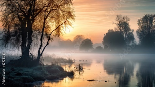  a body of water surrounded by trees in the middle of a foggy day with the sun in the distance.