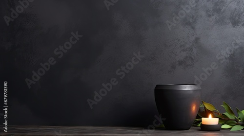  a black vase sitting on top of a wooden table next to a lit candle on top of a wooden table.