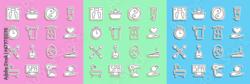 Set line Apple in hand, Scented spa stick, Heart on, Yin Yang, Towel hanger, Stopwatch, Bathroom scales and Perfume icon. Vector