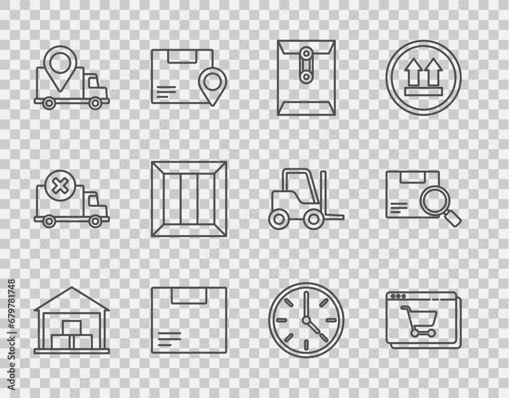 Fototapeta premium Set line Warehouse, Online shopping on screen, Envelope, Carton cardboard box, Delivery tracking, Wooden, Clock and Search package icon. Vector