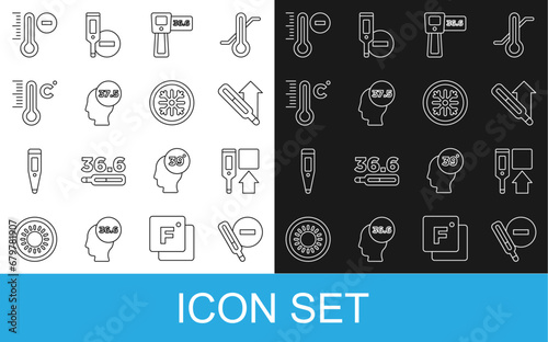 Set line Medical thermometer, Digital, High human body temperature, Meteorology, and Snowflake icon. Vector