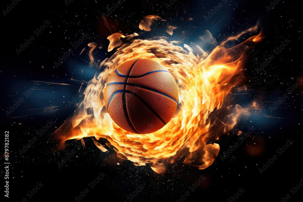 A basketball flying through the air in front of a dark background surrounded by flames A basketball flying through the air in front of a dark background surrounded by flames