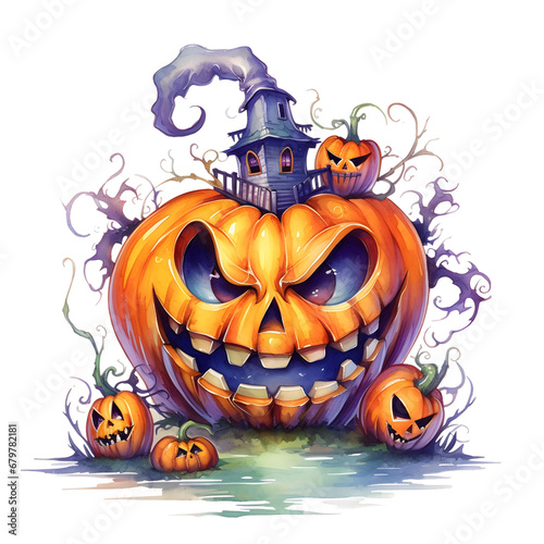 Watercolor cute clipart halloween pumpkin Jack-o'-lantern on transparent background. sublimation, tshirt, mug, pillow, tumbler, print