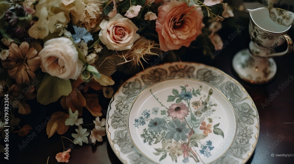Elegant and Organized Tea Service Placed on a Table Decorated with Pink Flowers Matching with the Service's Texture. Elegant and Organized Tea Service Placed on a Table Decorated with Pink Flowers Matching with the Service's Texture.