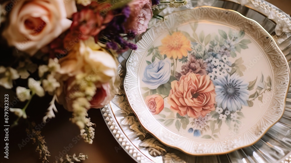 Elegant and Organized Tea Service Placed on a Table Decorated with Pink Flowers Matching with the Service's Texture. Elegant and Organized Tea Service Placed on a Table Decorated with Pink Flowers Matching with the Service's Texture.
