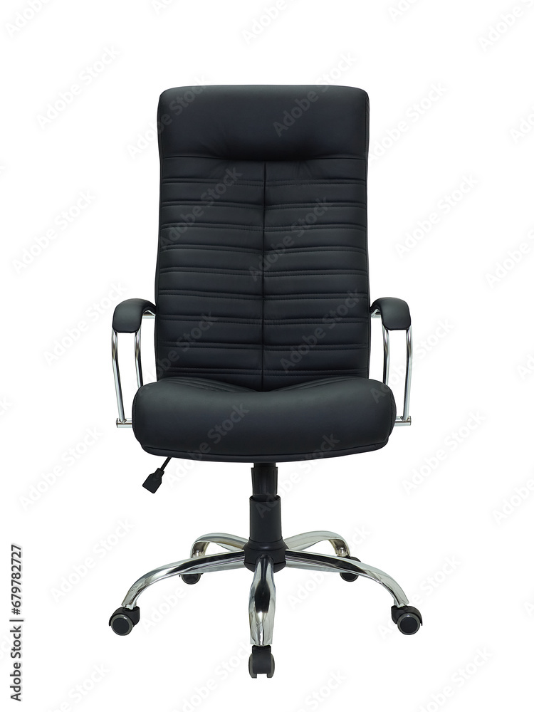 front view of black office armchair on wheels isolated on white background