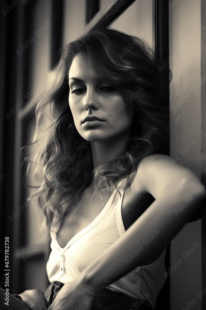 Professional Black and White Image of a Beautiful and Confident Seductive Woman Posing Next to a Window. Professional Black and White Image of a Beautiful and Confident Seductive Woman Posing Next to a Window.
