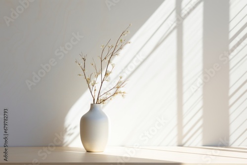 beautiful white flower vase with sun shade shadow pattern on white plain wall backdrop minimal interior style backdrop template with copyspace © VERTEX SPACE