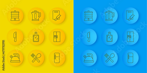 Set line Kettle with handle, Knife, Cutting board, Refrigerator, Slow cooker, knife and Electric kettle icon. Vector