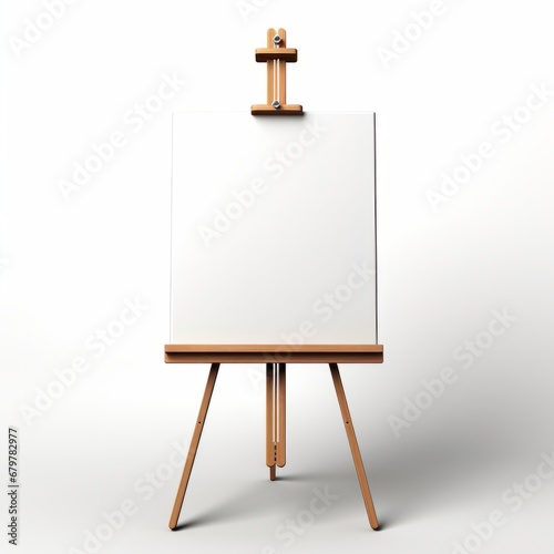Classic wooden easel with a blank white canvas, standing upright, isolated on a white background, ready for an artist's creation.