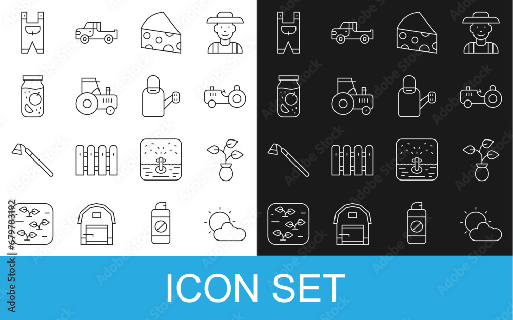 Set line Sun and cloud weather, Plant, Tractor, Cheese, Jam jar, Garden worker clothes and Watering can icon. Vector