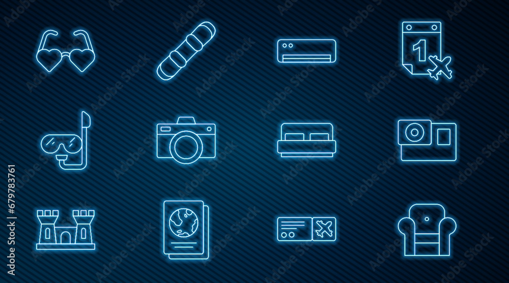 Set line Armchair, Action camera, Air conditioner, Photo, Diving mask and snorkel, Heart shaped love glasses, Hotel room bed and Snowboard icon. Vector