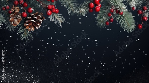 Banner with a black background with a Christmas tree and cones