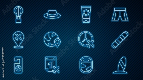 Set line Surfboard, Snowboard, Sunscreen cream in tube, Location on the globe, Plane, Hot air balloon, Clock with airplane and Man hat ribbon icon. Vector