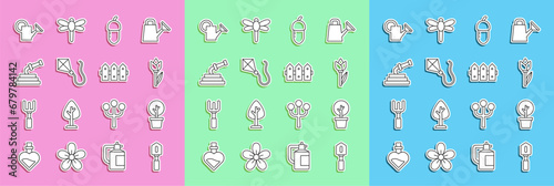 Set line Shovel, Forest, Flower tulip, Acorn, Kite, Garden hose, Watering can and fence wooden icon. Vector