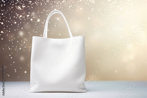 A mock-up of a white fabric bag on a shiny background photo