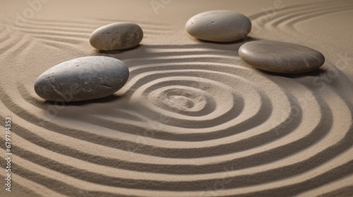Zen sand garden meditation stone background. Balanced Stones and lines drawing in sand for relaxation. Concept of harmony  balance and meditation  spa  massage  relax.