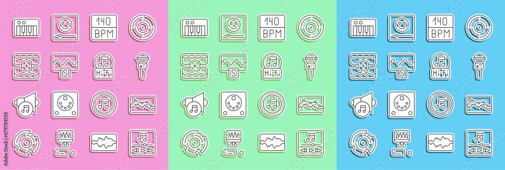 Set line Music player, wave equalizer, Microphone, Bitrate, synthesizer and note, tone icon. Vector Set line Music player, wave equalizer, Microphone, Bitrate, synthesizer and note, tone icon. Vector