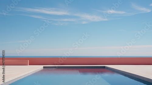  a swimming pool next to the ocean under a blue sky with wispy wispy clouds in the sky.