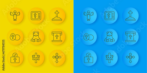 Set line Donation for church, Easter egg, Priest, Christian cross, Flag with christian, Angel, Grave and Online pastor preaching icon. Vector