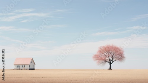  a lone tree in the middle of a field with a house in the middle of the field and a blue sky with wispy clouds.