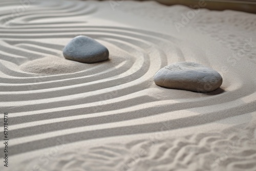 Zen sand garden meditation stone background. Balanced Stones and lines drawing in sand for relaxation. Concept of harmony  balance and meditation  spa  massage  relax.