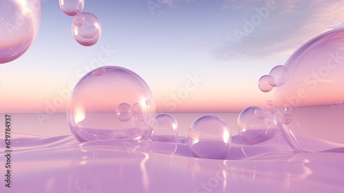  a group of bubbles floating on top of a body of water under a blue sky with a few clouds in the background.