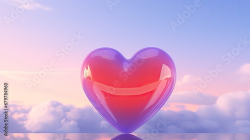  a heart shaped object floating on top of a body of water in front of a blue sky filled with clouds.