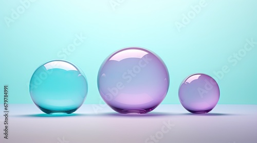  a group of three glass balls sitting on top of a blue and purple table top next to a blue wall.