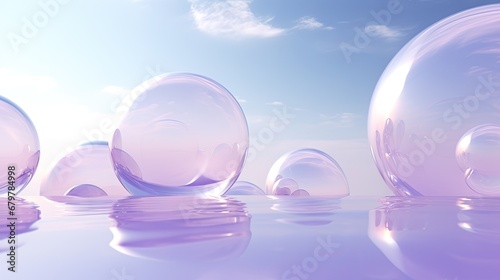  a group of bubbles floating on top of a body of water under a blue sky with clouds in the background.