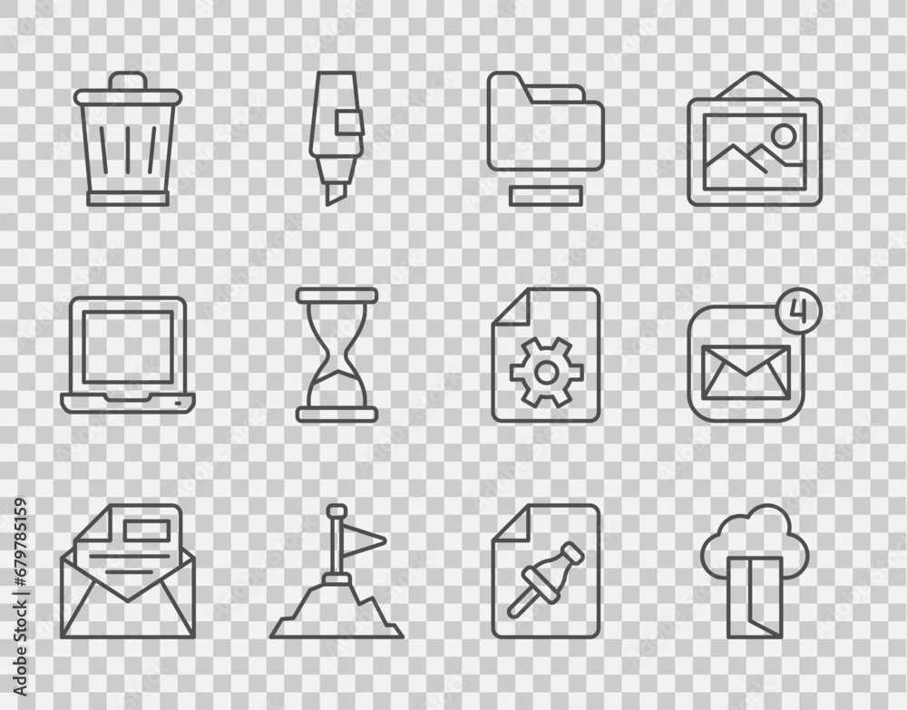 Set line Mail and e-mail, Cloud database, Document folder, Mountains with flag on top, Trash can, Old hourglass, Note paper push button and Envelope icon. Vector Set line Mail and e-mail, Cloud database, Document folder, Mountains with flag on top, Trash can, Old hourglass, Note paper push button and Envelope icon. Vector