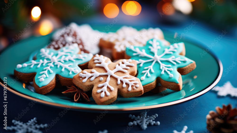 Christmas cookies on a plate against a blue background