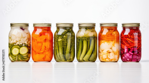 Pickled vegetables in glass jars on white background