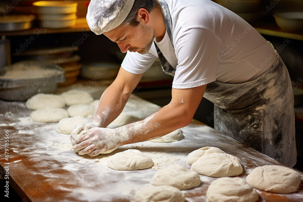 Handsome baker kneading dough on a table in a bakery - obrazy, fototapety, plakaty 