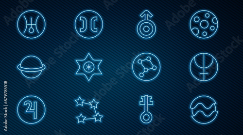 Set line Planet, Neptune planet, Symbol Uranus, Falling star, Saturn, Great Bear constellation and Pisces zodiac icon. Vector
