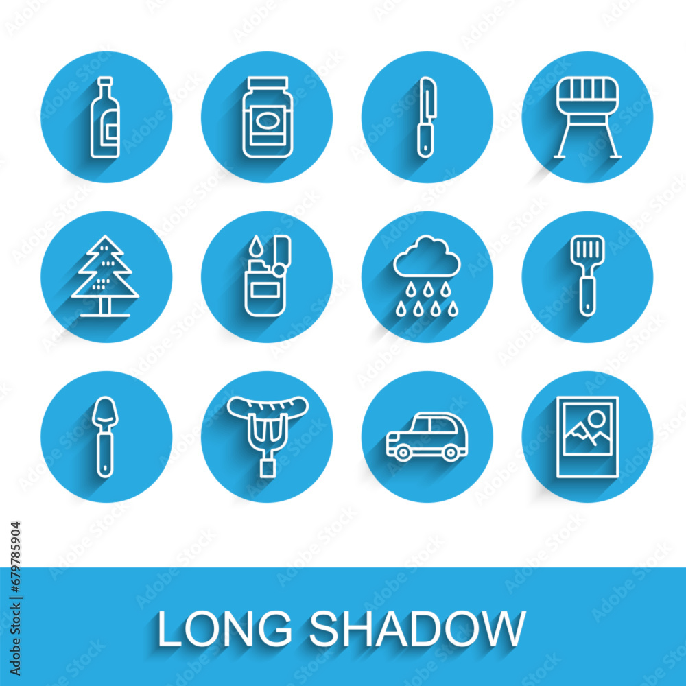 Set line Spoon, Sausage the fork, Bottle of wine, Car, Photo frame, Lighter, Spatula and Cloud with rain icon. Vector Set line Spoon, Sausage the fork, Bottle of wine, Car, Photo frame, Lighter, Spatula and Cloud with rain icon. Vector