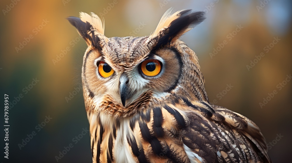 a close up of an owl's face with an orange and yellow eyeball in front of a blurry background. a close up of an owl's face with an orange and yellow eyeball in front of a blurry background.
