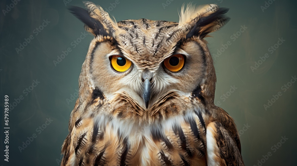  a close up of an owl's face with a yellow - eyed owl's head in the background.