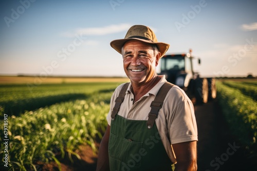 Farmer smiling at agricultural area.