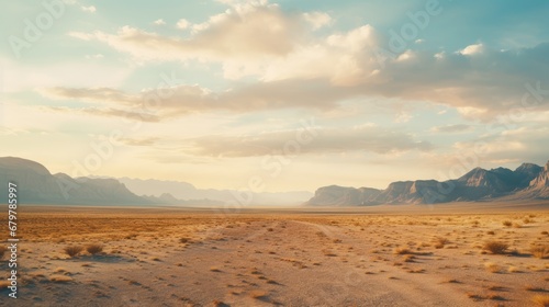  a dirt road in the middle of a desert with a mountain range in the background and clouds in the sky.